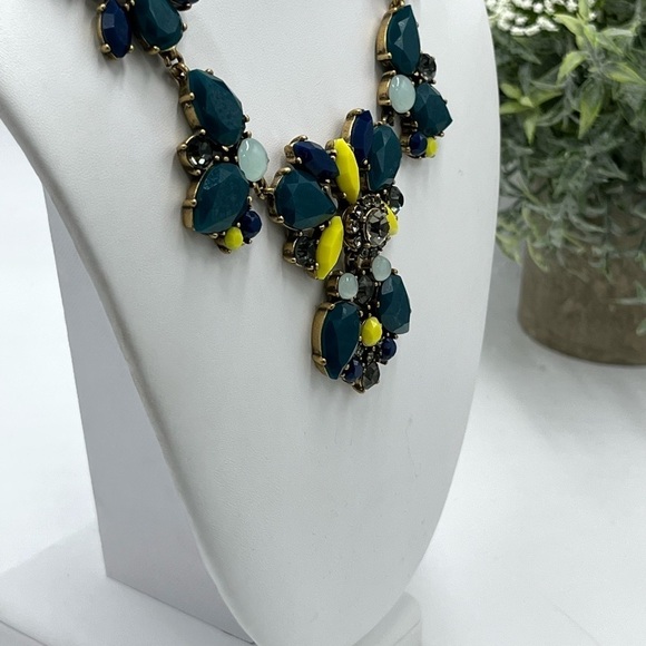J. Crew Crystal Floral Teal Indigo Yellow Multi-Color Statement Bib Necklace - Picture 9 of 15